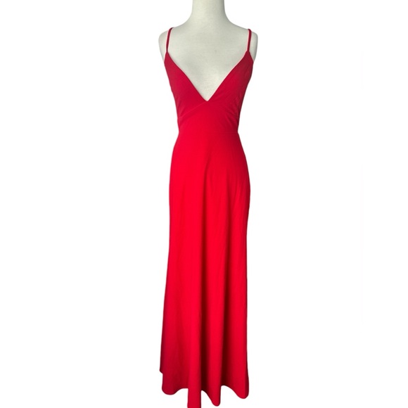 Lulu’s Red Lace Up Back Be My Date Deep V Maxi Dress 10 12 Large - Picture 7 of 9